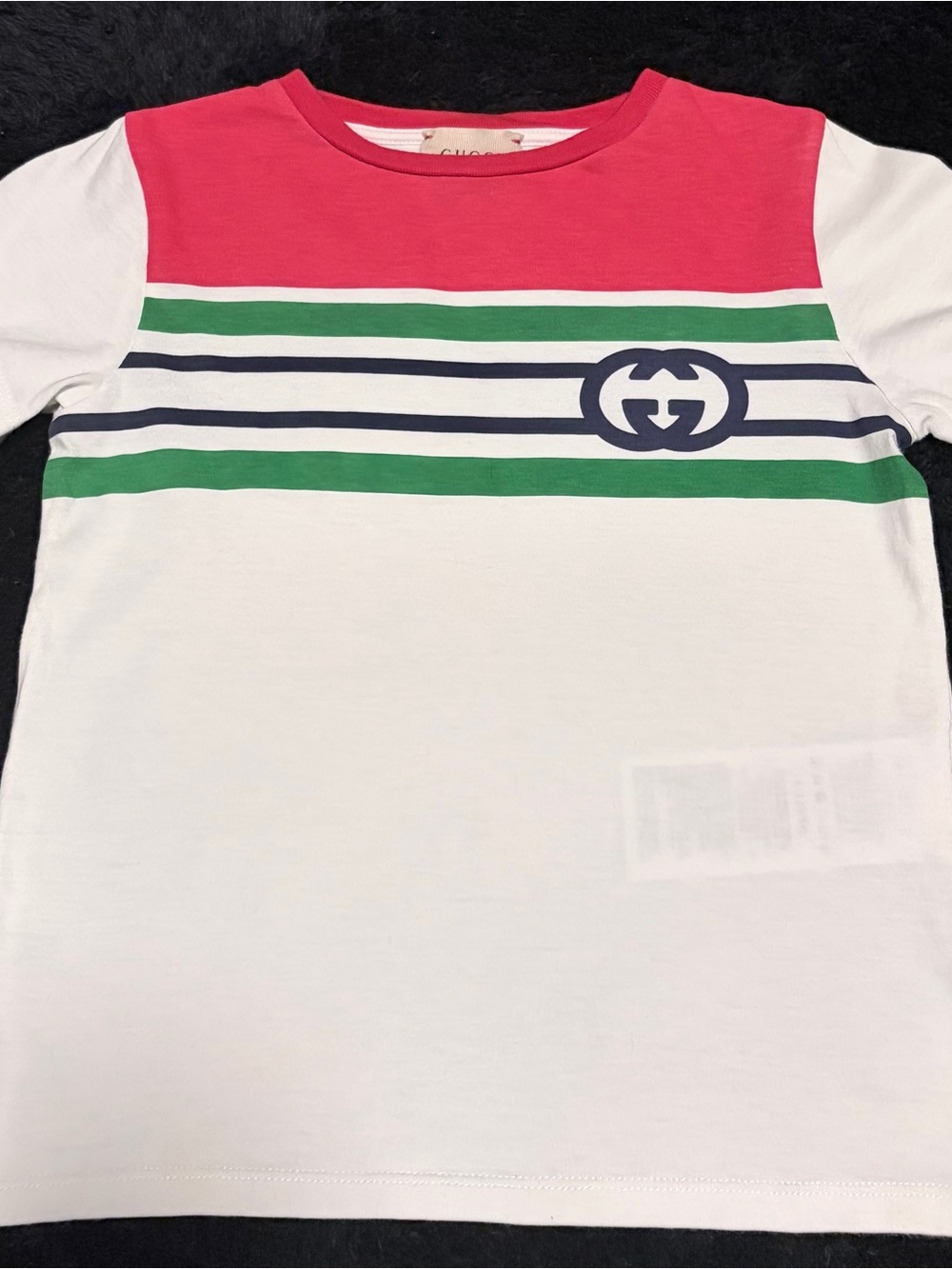 Gucci Kids White, Red, Green & Navy Striped Logo Tee Boys Size 4